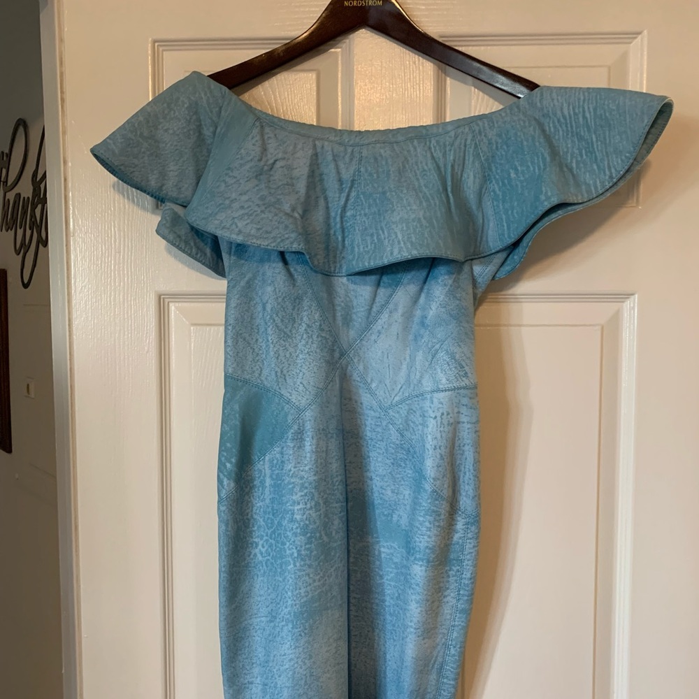 Sky blue leather off the shoulder dress